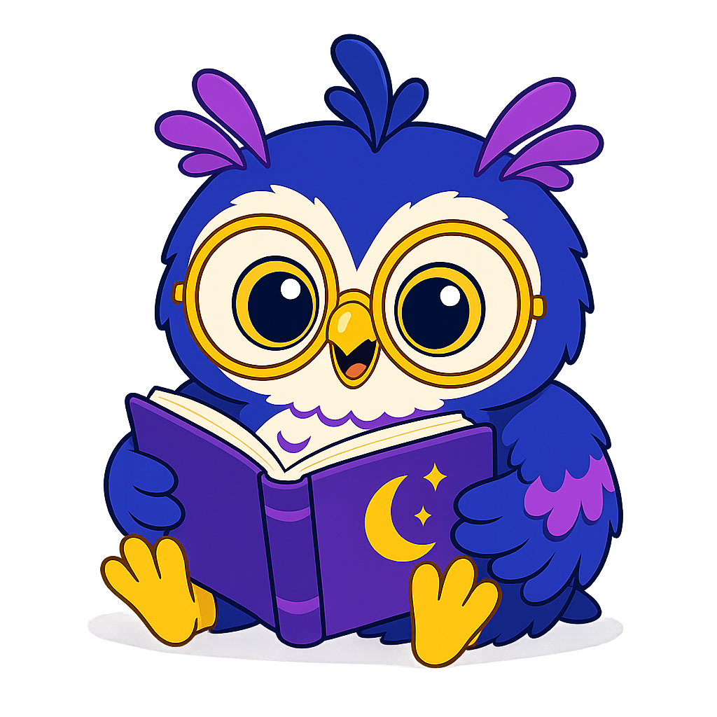 A cozy owl reading a storybook by moonlight